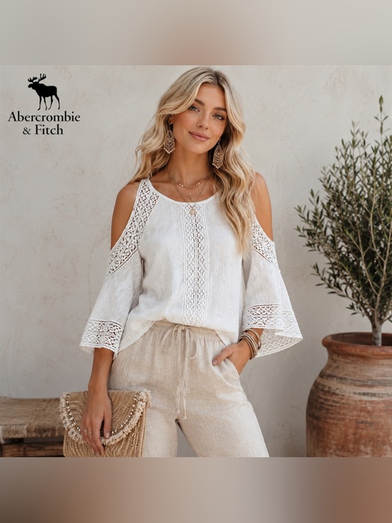 Abercrombie & Fitch Tops - 🛍️SALE🛍️ Abercrombie & Fitch 100% Cotton White Cold-Shoulder Lace-Trim Blouse